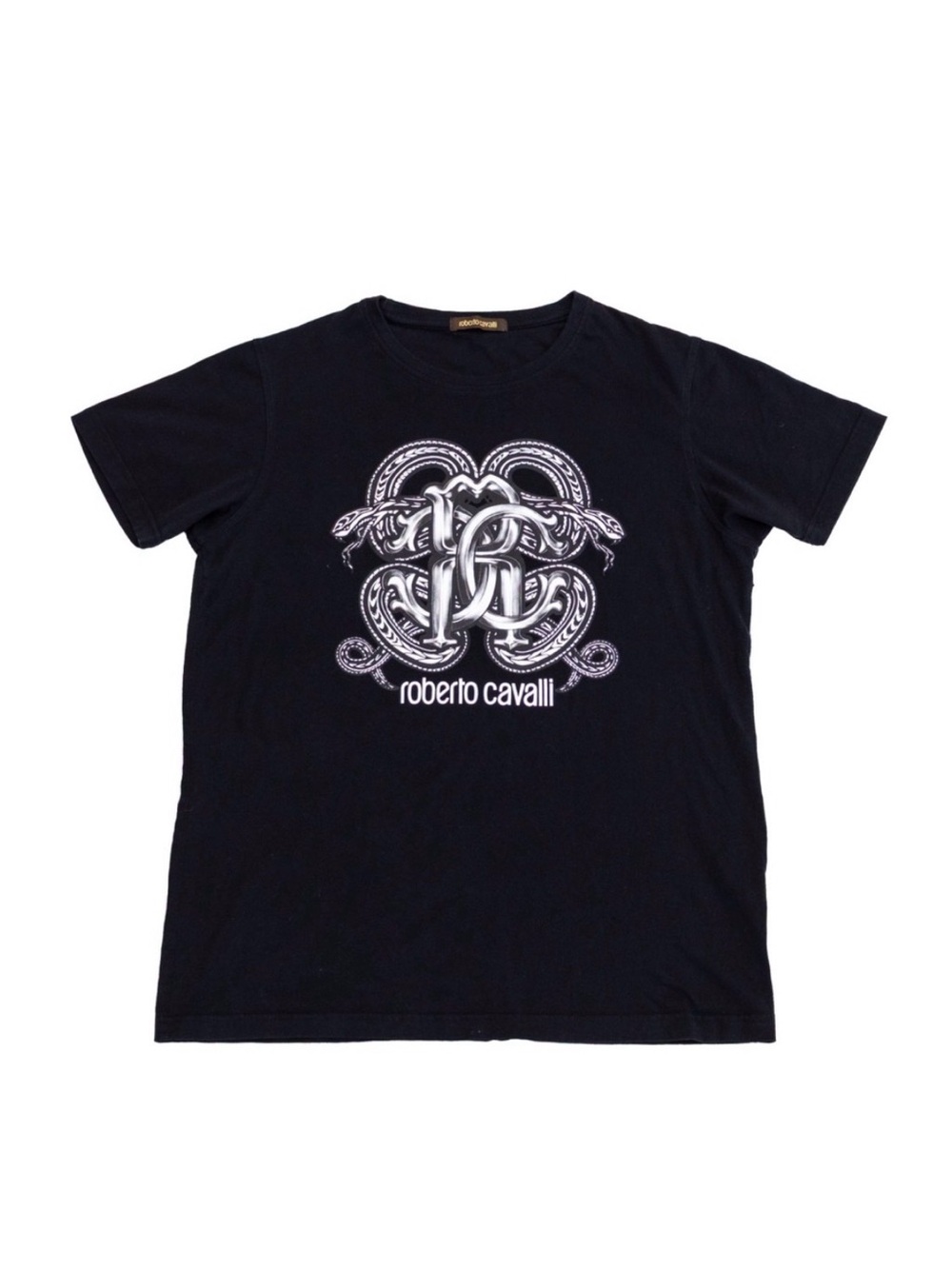 Roberto Cavalli Black Tee with White Snake Emblem